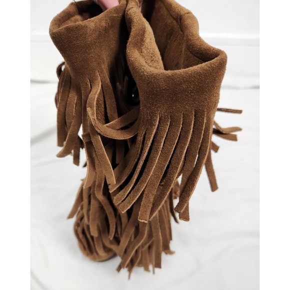 Minnetonka Women's Sz. 7 3 Layer Brown Fringe Leather Mid Calf Boots - Picture 3 of 7
